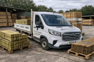 Fence panels and decking boards ready for delivery